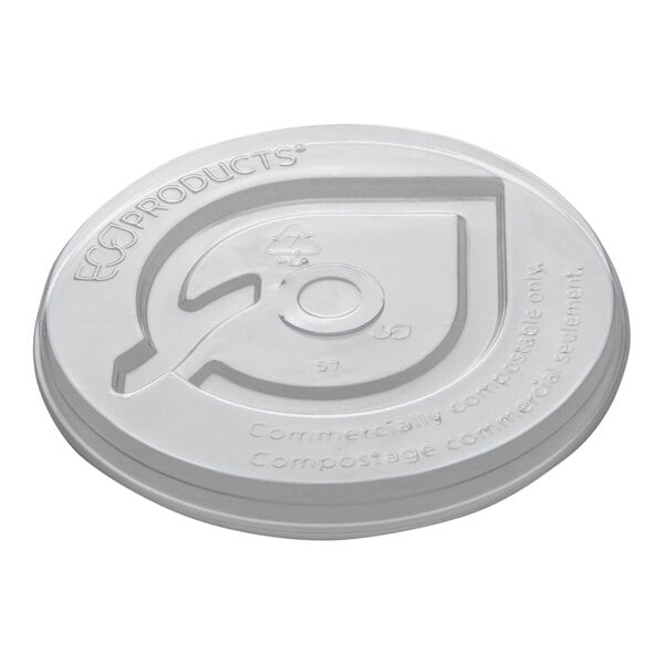 A white Eco-Products compostable flat paper cold cup lid with a circular straw slot.