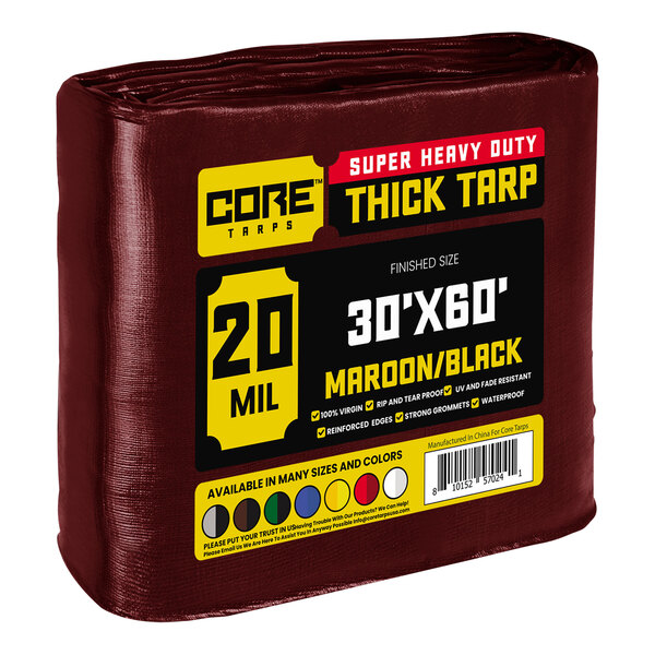 A maroon and black Core Extreme Heavy-Duty Poly Tarp with reinforced edges.