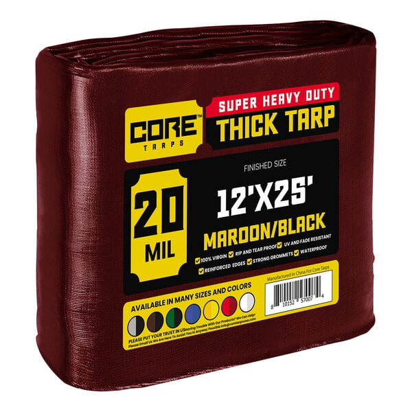 A package of maroon and black Core tarps with reinforced edges wrapped in plastic.