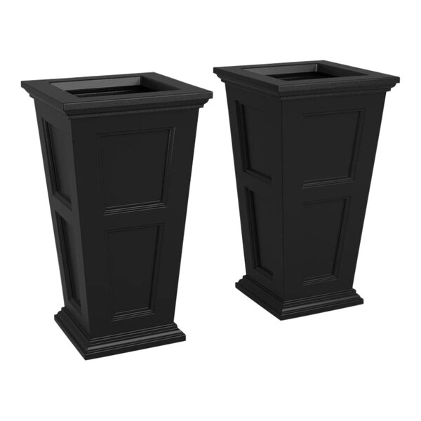 Two black rectangular Mayne Fairfield planters on a table.