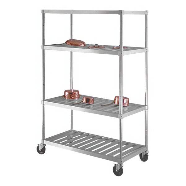 A New Age aluminum mobile pot and pan drying rack with three shelves holding pots.