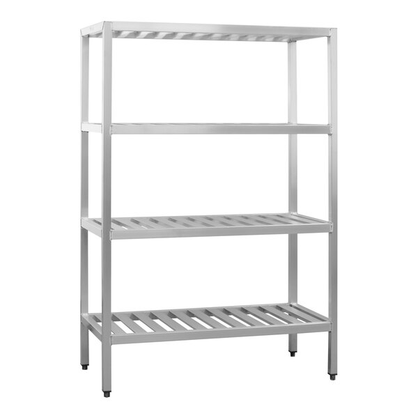 A white metal T-bar shelving rack with four shelves.