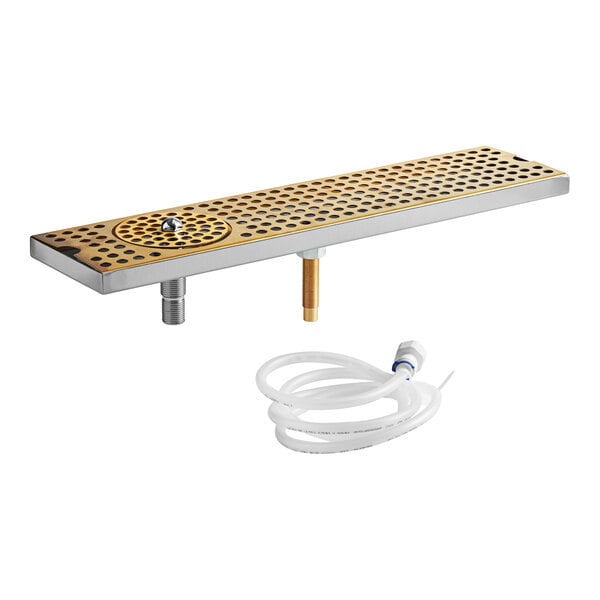 A Regency metal surface mount beer drip tray with a rinser and drain tube.