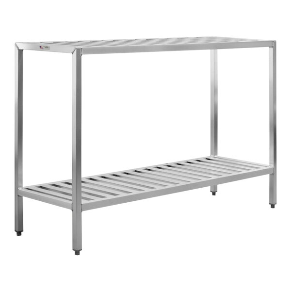 A metal New Age T-bar shelving rack with 2 shelves.