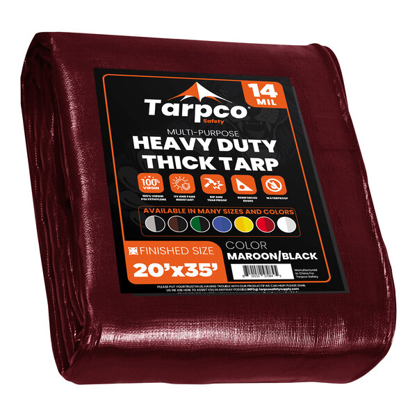 A maroon and black Tarpco Safety poly tarp with white text and reinforced edges.