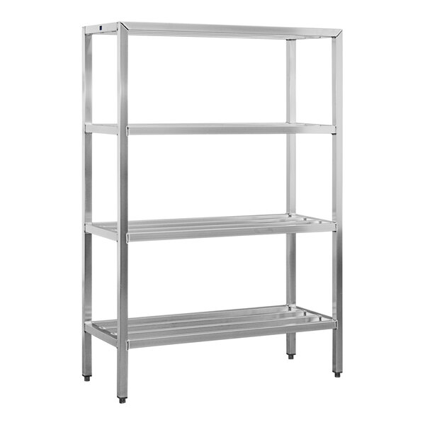 A New Age aluminum shelving rack with four shelves.