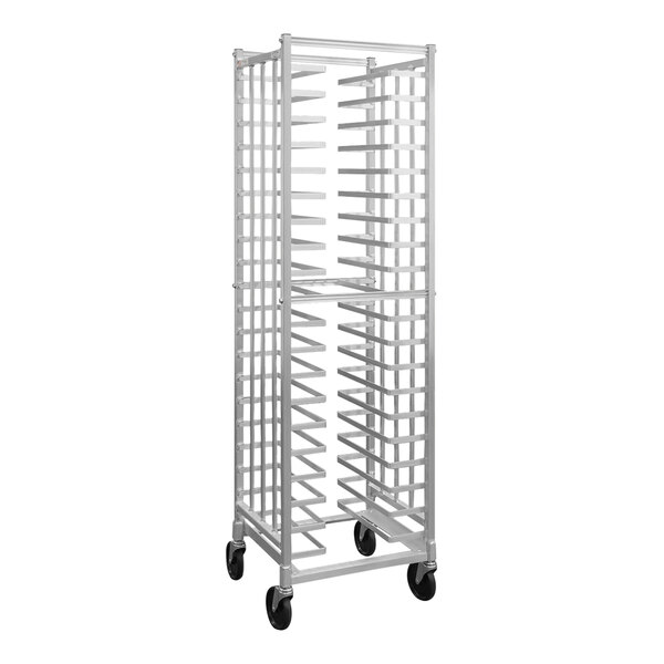 A white metal New Age mobile pizza pan rack with black wheels.