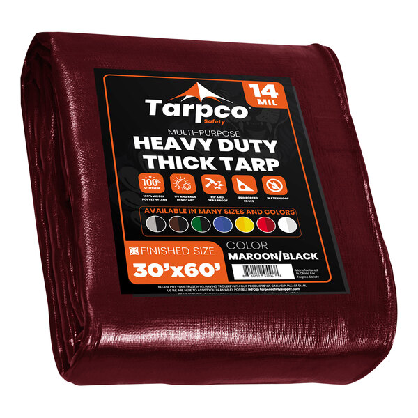 A maroon tarp with black and white text on the label.