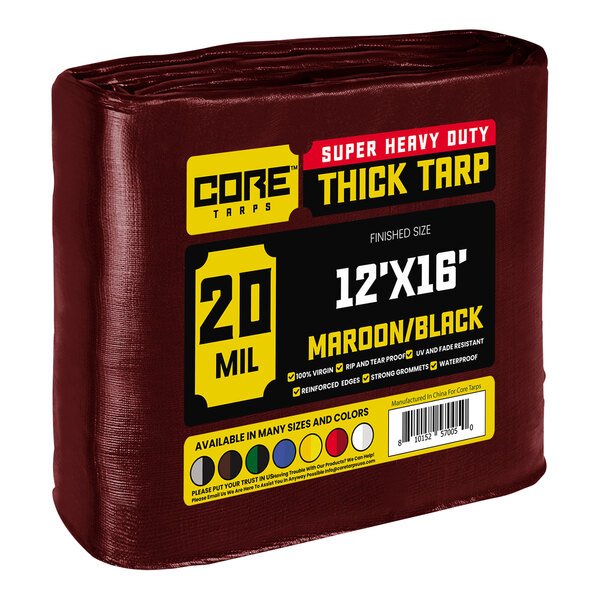 A maroon and black Core Extreme Heavy-Duty Weatherproof Poly Tarp with reinforced edges.