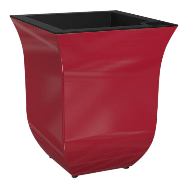 A red rectangular planter with black trim.