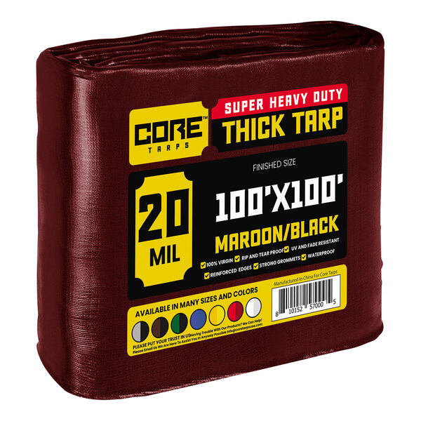 A plastic wrapped maroon and black Core Tarps industrial tarp.