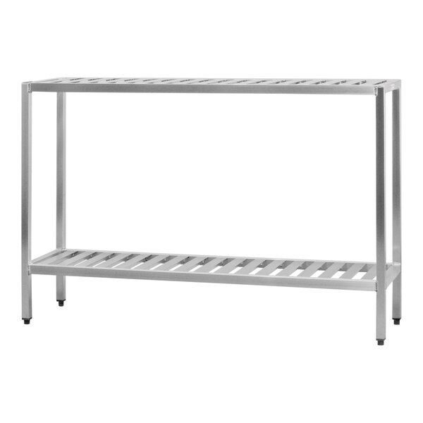 A New Age metal T-bar shelving rack with two shelves.