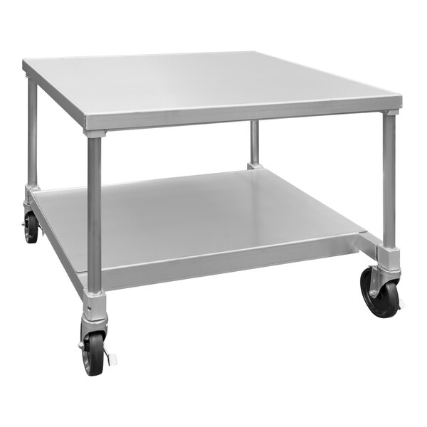 A New Age aluminum equipment stand with undershelf and wheels.