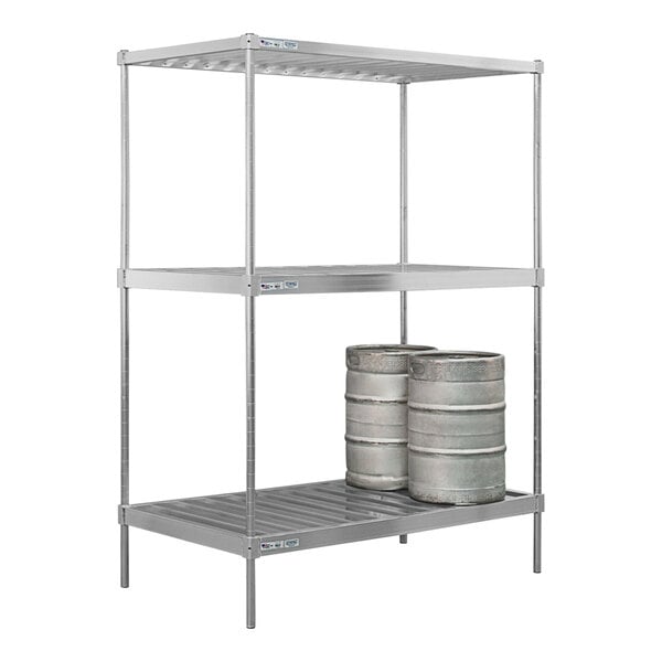 A New Age metal keg rack holding two barrels.