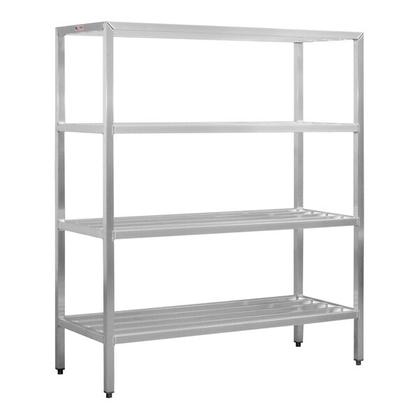 A New Age heavy-duty metal shelving unit with four shelves.