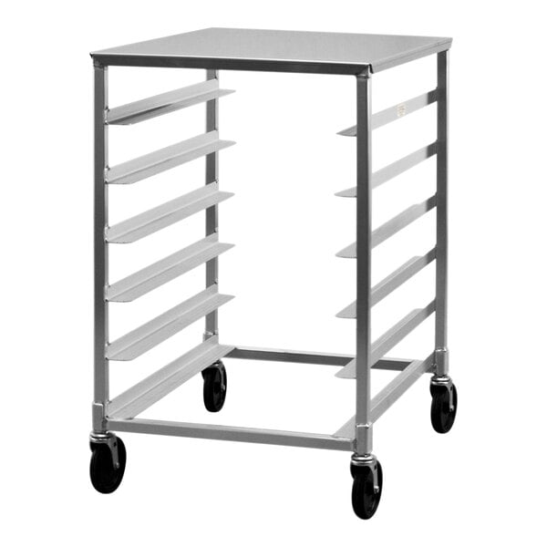 A silver metal New Age tray rack with black wheels.