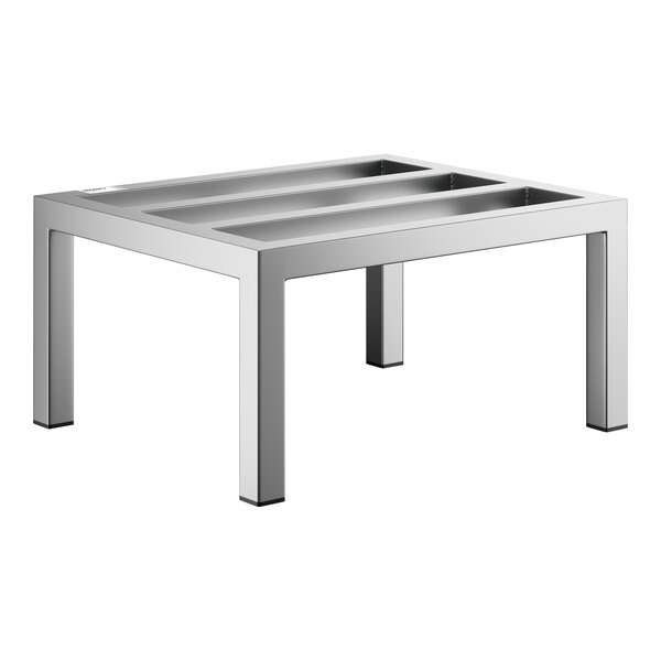 A rectangular, stainless steel rack with four sturdy legs and two open slats across the top.
