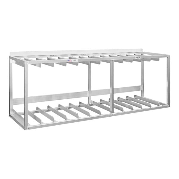 A white metal New Age wall-mount dish rack holder with 13 racks.