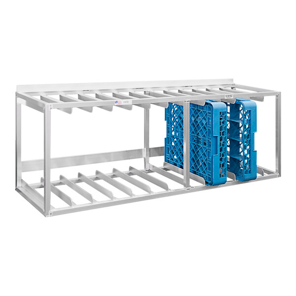 A white metal wall-mount rack with blue plastic crates on it.