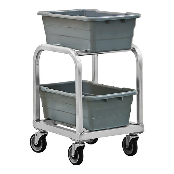 A New Age aluminum lug rack holding two grey plastic bins.