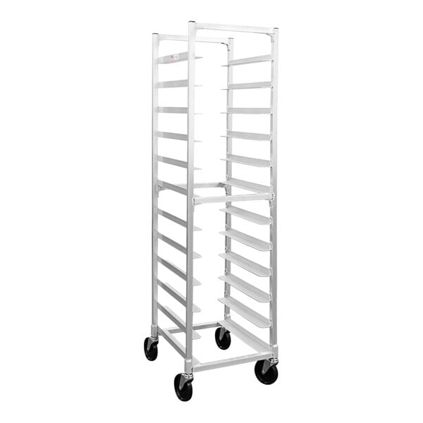 A white metal New Age end load tray rack on wheels with 12 shelves.