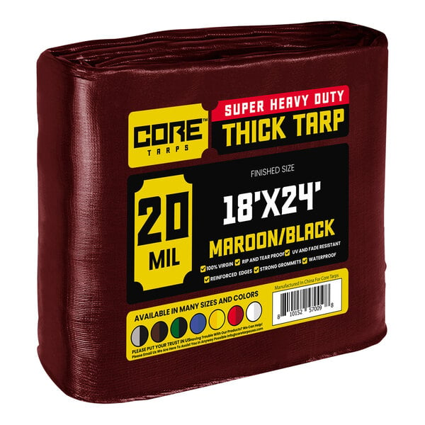 A package of maroon and black Core Tarps with a red tarp inside wrapped in plastic.