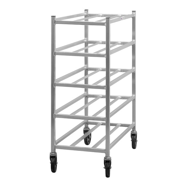 A silver metal New Age platter rack with wheels.