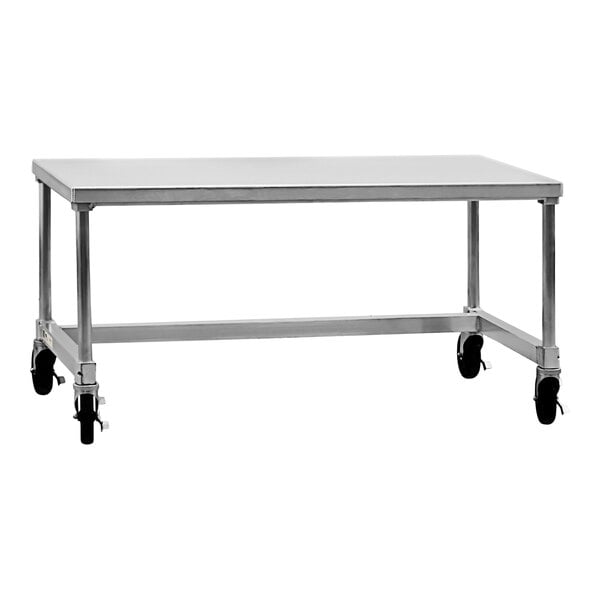 An aluminum mobile equipment stand with wheels.