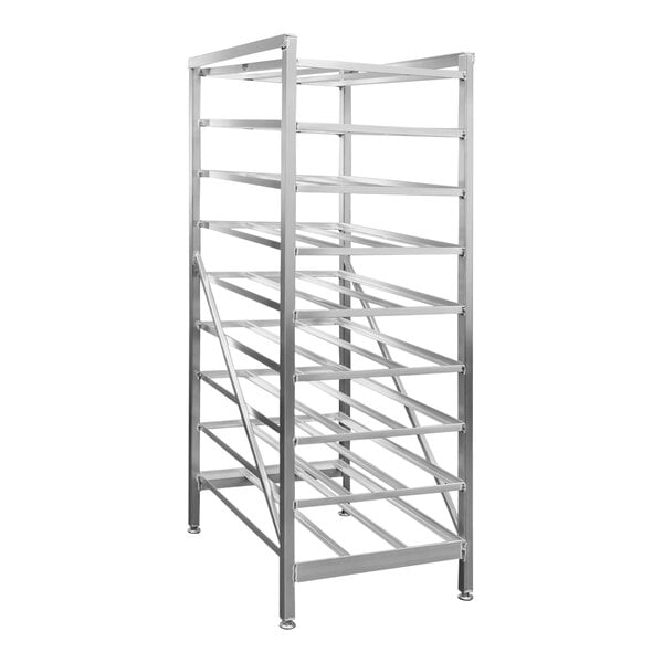 A silver metal New Age can rack with many shelves.