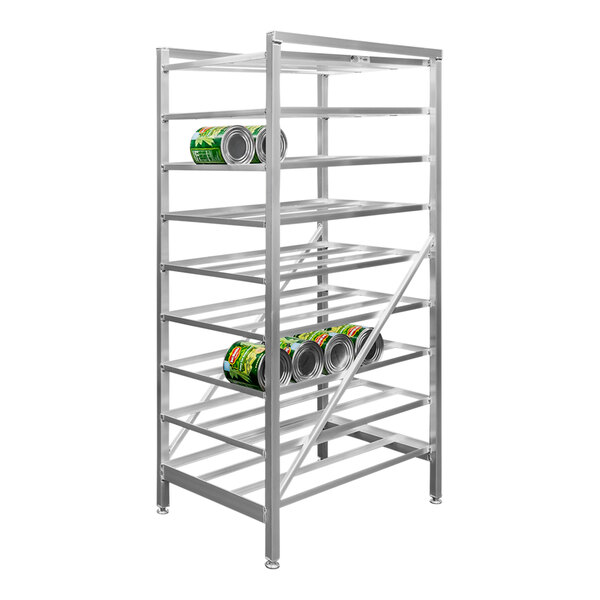 A New Age metal rack with cans on it.