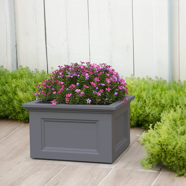 A Mayne Fairfield graphite gray garden bed planter with purple flowers in it.