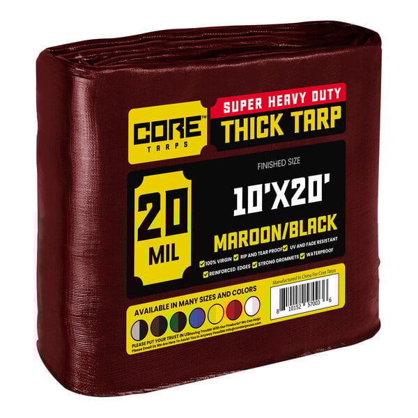 A package of Core Maroon and Black Extreme Heavy-Duty Weatherproof Poly Tarps with reinforced edges.