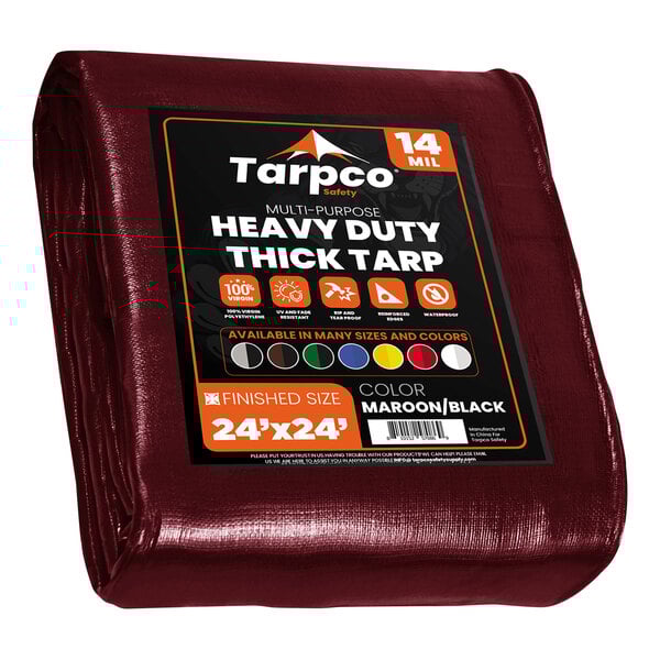 A maroon and black Tarpco tarp with white text and colorful labels.
