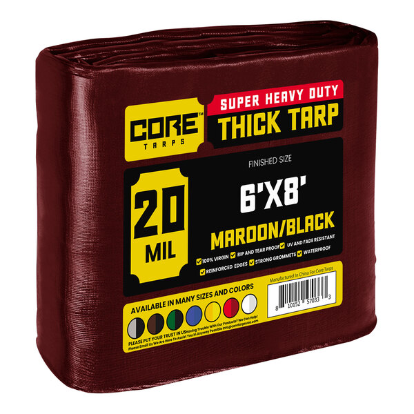 A maroon and black Core Extreme Heavy-Duty weatherproof tarp with reinforced edges in plastic packaging.