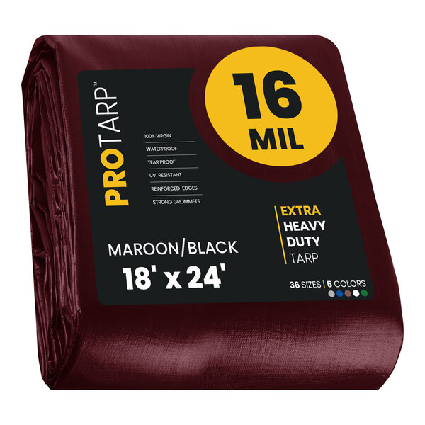 A maroon and black ProTarp with reinforced edges and yellow label.