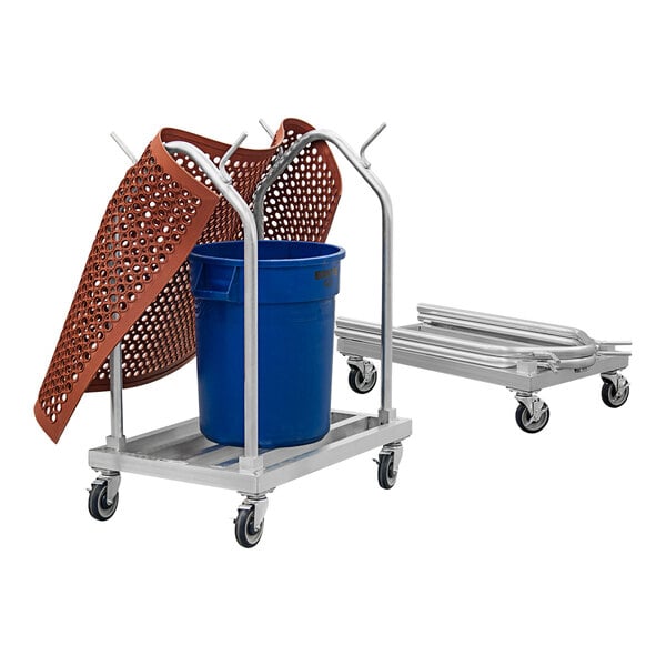 A New Age aluminum cart with a blue bucket and red mat on it.