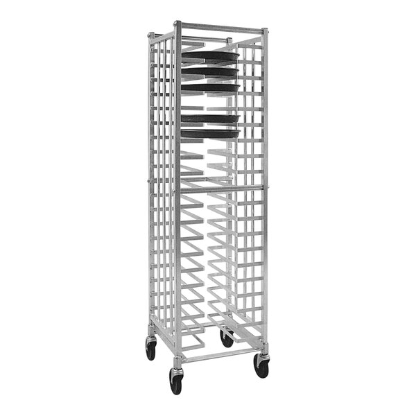 A silver New Age aluminum mobile pizza pan rack on wheels.