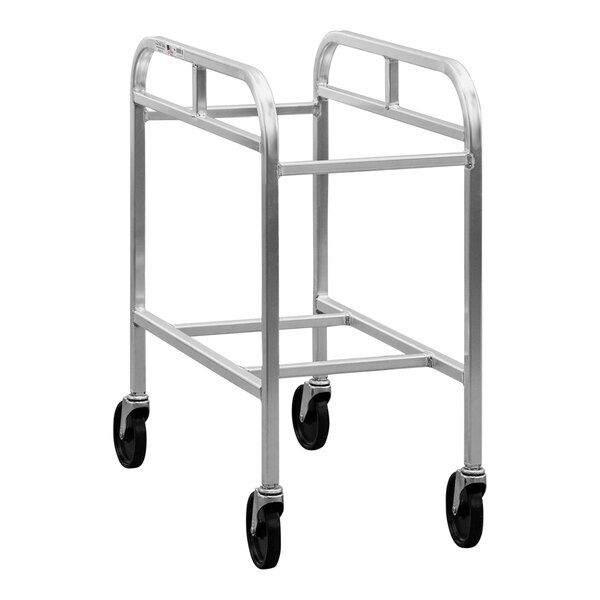 A silver metal New Age aluminum lug rack with black wheels.