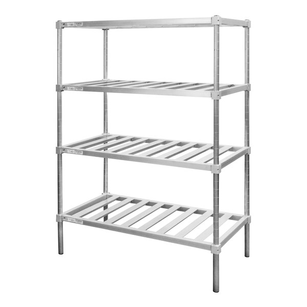 A New Age aluminum metal shelving rack with four shelves.