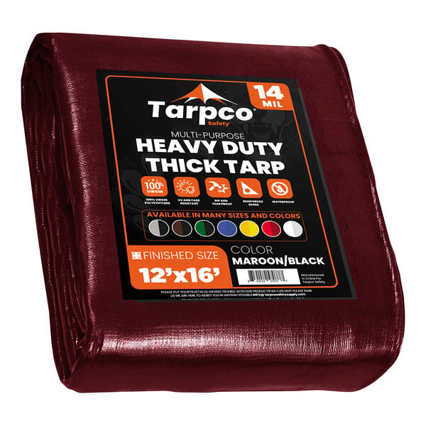 A maroon tarp with black and white text reading "Tarpco Safety" and "Extra Heavy-Duty"