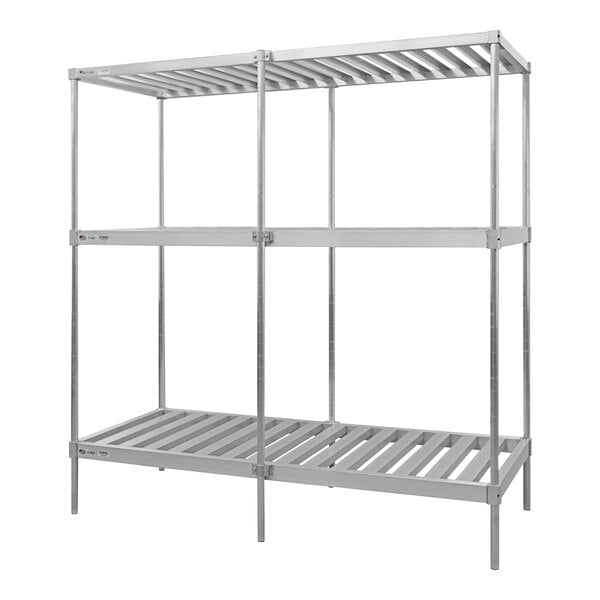 A metal shelf unit for kegs with three shelves.