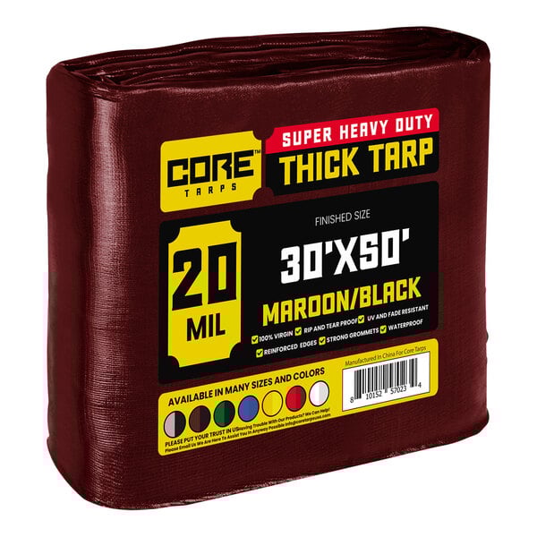 A maroon and black Core Tarps tarp with reinforced edges.