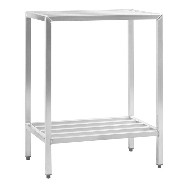 A New Age heavy-duty aluminum NSF shelving rack with two shelves.