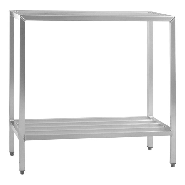 A metal New Age heavy-duty aluminum shelving rack with two shelves.