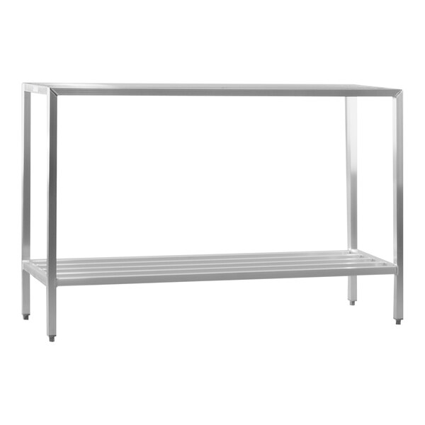 A metal New Age shelf with two shelves on it.