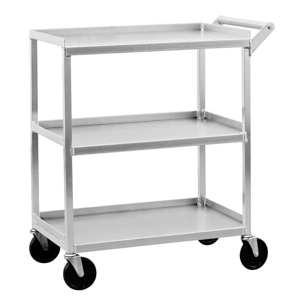 A silver metal New Age 3-shelf utility cart with wheels.