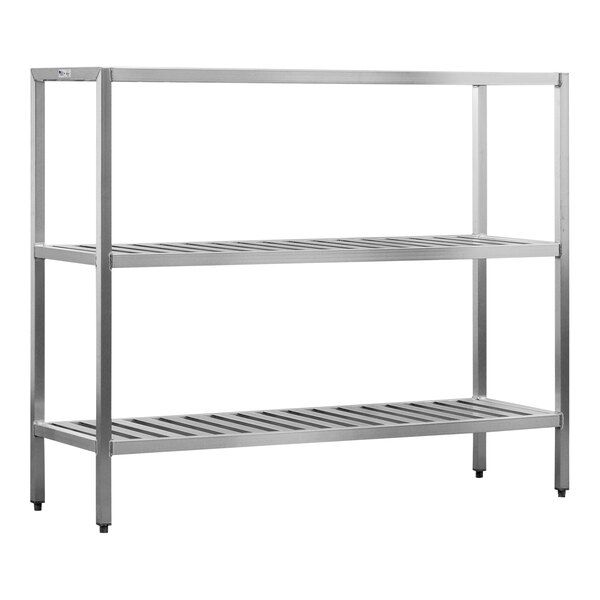 A New Age aluminum T-Bar shelving rack with three shelves.