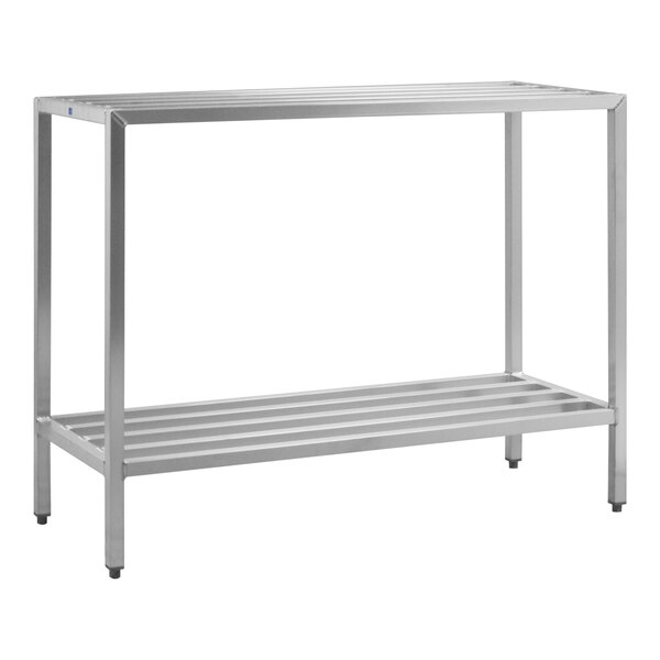 A New Age heavy-duty aluminum shelving rack with two shelves on it.