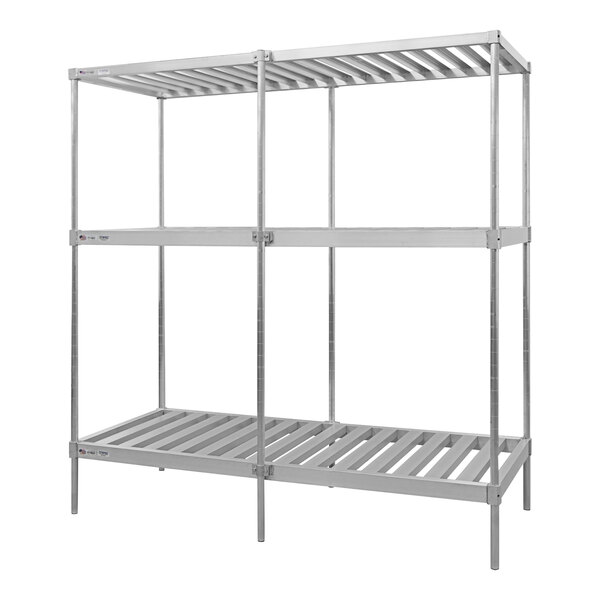 A metal shelf unit with three shelves.