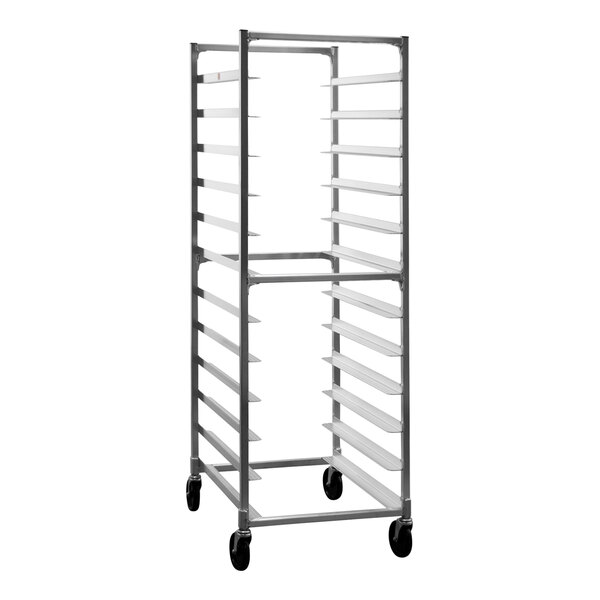 A New Age metal tray rack with shelves.